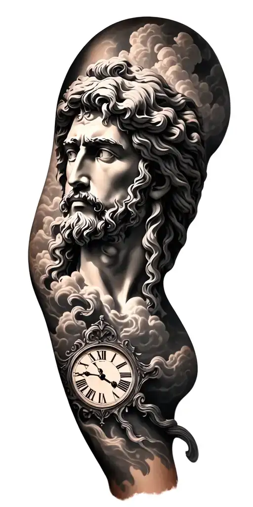 zeus face whole arm, clouds and strands, antique roman numerals clock with time 15:11 and family tattoo design idea