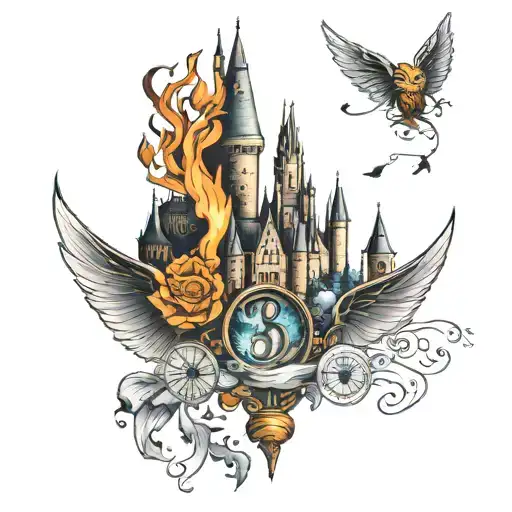 harry potter tattoo with the castle, the golden snitch, the deathly hallows and the spell expecto patronum tattoo design idea