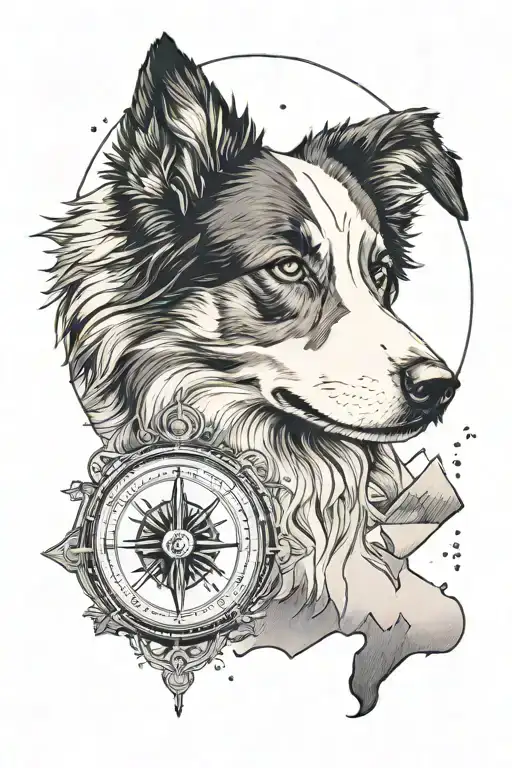 compass border collie portrait mountains tattoo design idea