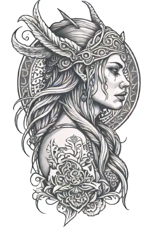 darkly alluring full nude viking woman, crying blue tears tattoo design idea