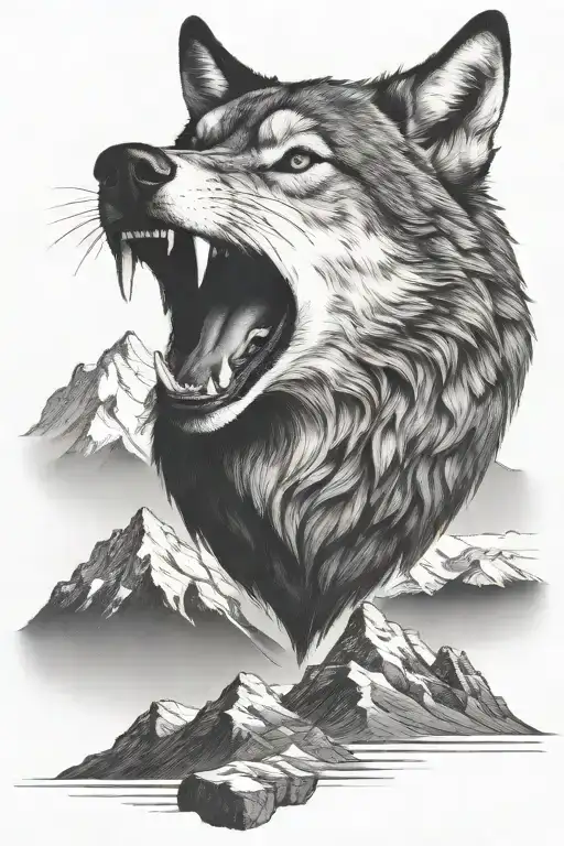 growling wolf face and rocky mountains inside tattoo design idea