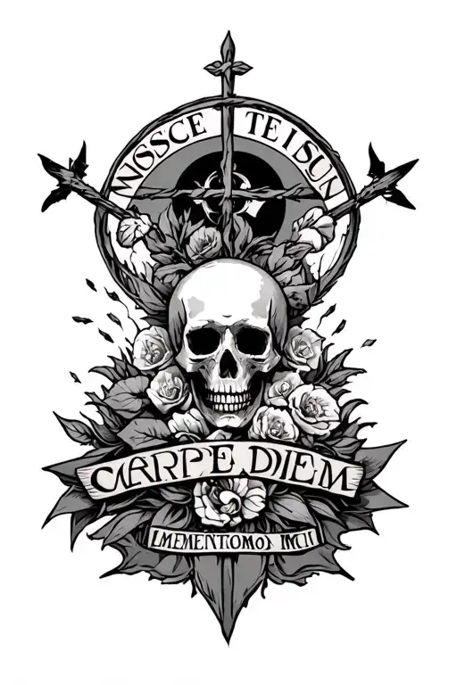 Nosce Te Ipsun on the top. Carpe Diem in the middle and Memento Mori at the bottom. Minimalist medieval style. tattoo design idea