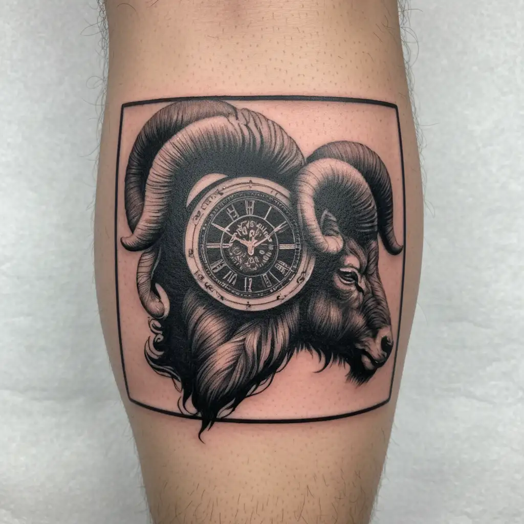clock and aries zodiac sign tattoo design idea
