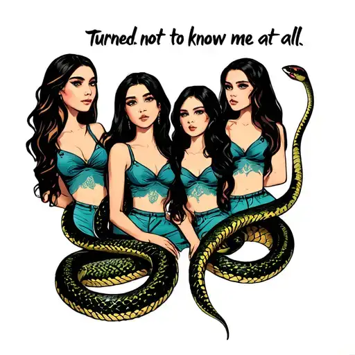 the text "turned out not to know me at all" with a group of 3 girl friends who are snakes tattoo design idea