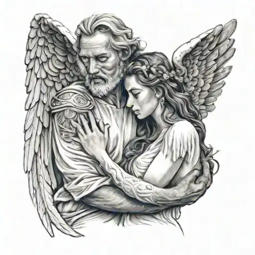 father hugs his adult daughter. he's like an angel spirit with wings and she has a dress in the ancient Greek style.i tattoo design idea