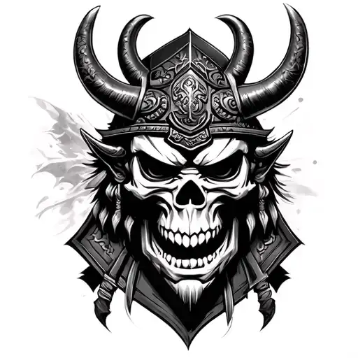 skull japanesse samurai oni mask with warrior expression tattoo design idea