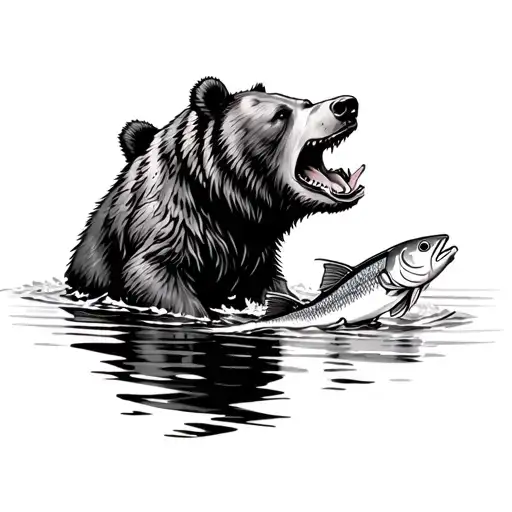 bear eating fish swimming upstream tattoo design idea