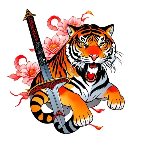 Tiger in full growth with a sword, snakes, flowers in a translucent style with red elements tattoo design idea