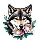 wolf with peonies tattoo design idea