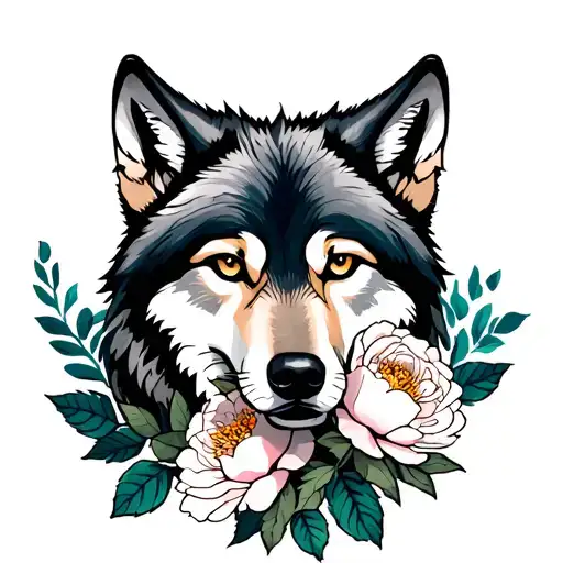 wolf with peonies tattoo design idea
