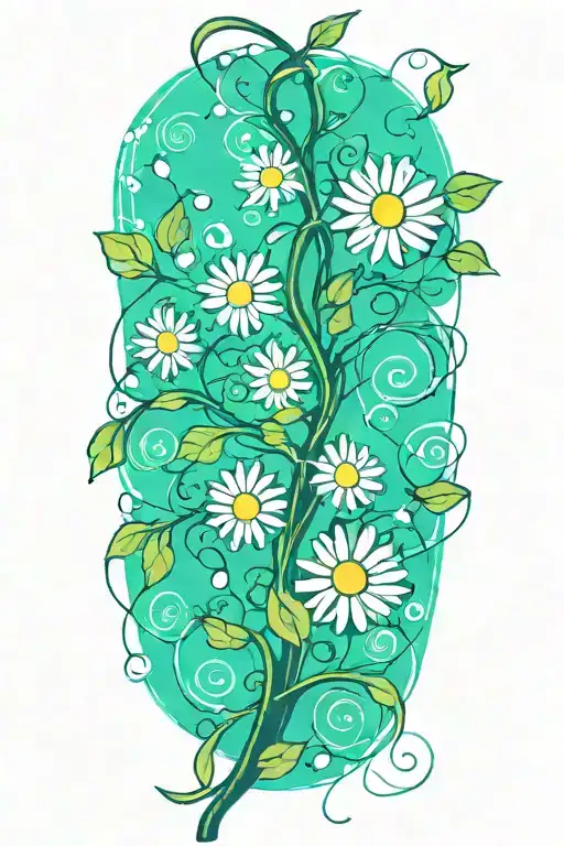 a single Long narrow vine with green leaves and 5 daisy flowers tattoo design idea