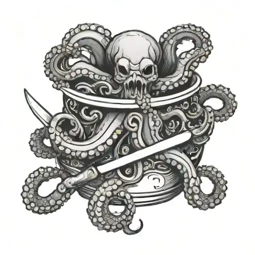 pissed off octopus's in a bowl holding a knife and fork  tattoo design idea