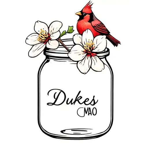 dukes mayo jar empty as a flower holder with 2 dogwood flowers and a cardinal  tattoo design idea