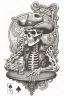 skeleton cowboy at poker table with longhorn skull on wall in a bar setting tattoo design idea