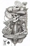 skeleton cowboy at poker table with longhorn skull on wall in a bar setting tattoo design idea