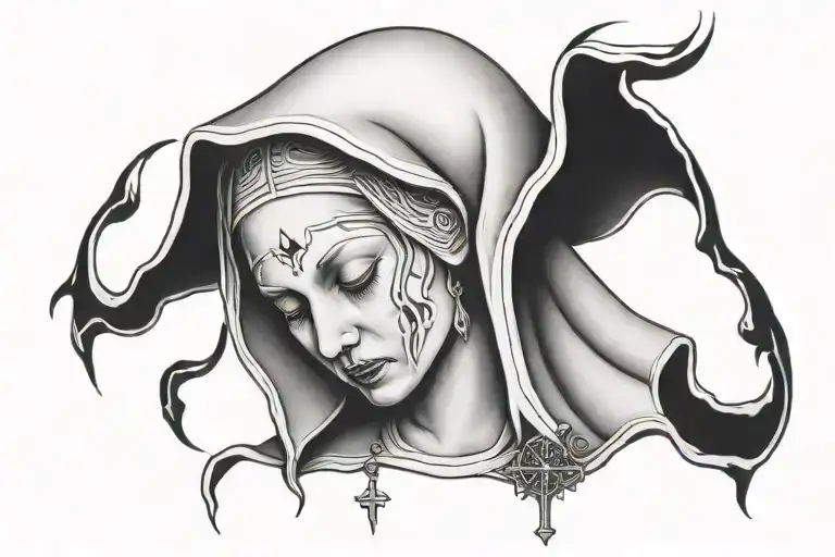 praying nun chest piece tattoo design idea