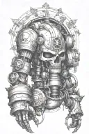 Warhammer 40,000, Adeptus Mechanicus style sleeve tattoo, must be black and white, includes technolingua tattoo design idea
