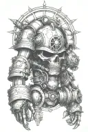 Warhammer 40,000, Adeptus Mechanicus style sleeve tattoo, must be black and white, includes technolingua tattoo design idea