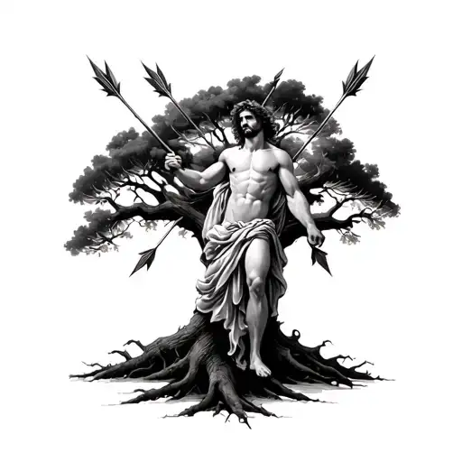 St Sebastian on tree with arrows tattoo design idea