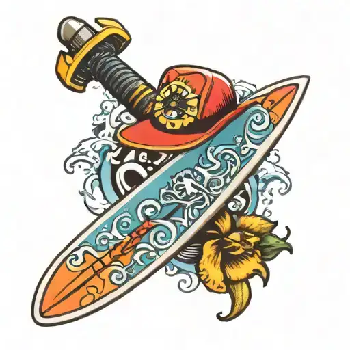 surfboard sitting upright with a fireman hat hanging on it  tattoo design idea