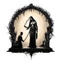 small man subbmitting to his Goddess standing tall, him on his knees chained,  as she looks down on him BDSM themed tattoo design idea