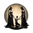 small man subbmitting to his Goddess standing tall, him on his knees chained,  as she looks down on him BDSM themed tattoo design idea