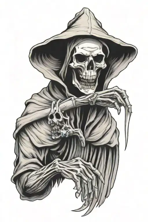 grim reaper holding a severed head while making the shush gesture tattoo design idea