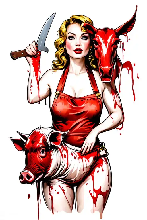sexy pin up girl wearing only a butchers apron with a butchers knife in one hand and a bloody pigs head in the other tattoo design idea