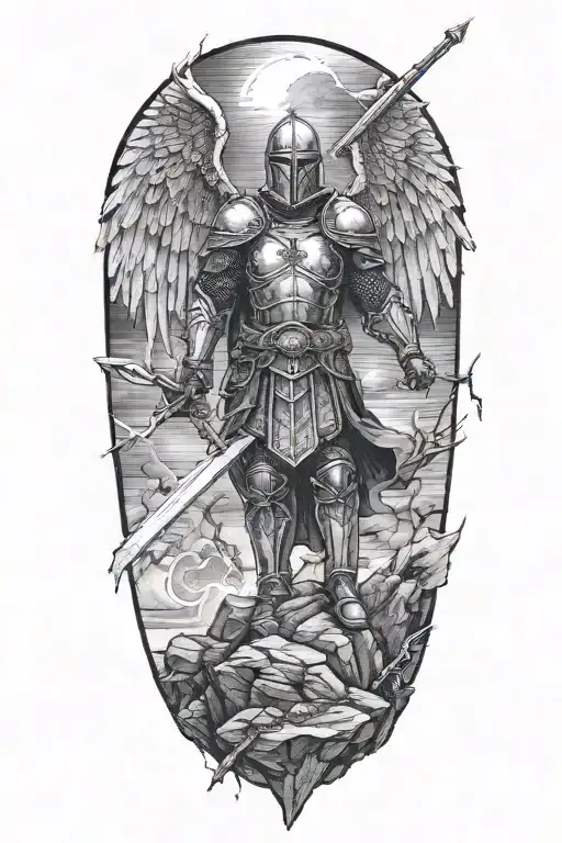 a knight with angel wings with one foot on top of a rock and a sword lifted to the sky with lightning in the back tattoo design idea