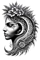 tribal design including army elements, tree of life, dna strand, spiral goddess, tripple moon, hawaiian islands tattoo design idea