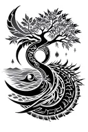 tribal design including army elements, tree of life, dna strand, spiral goddess, tripple moon, hawaiian islands tattoo design idea