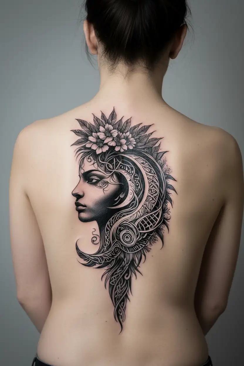 tribal design including army elements, tree of life, dna strand, spiral goddess, tripple moon, hawaiian islands tattoo design idea