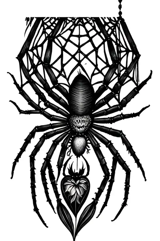 spider with webs (or hanging from webs)on forearm with i want the spider to have a heart with a lotus flour somewhere in tattoo design idea