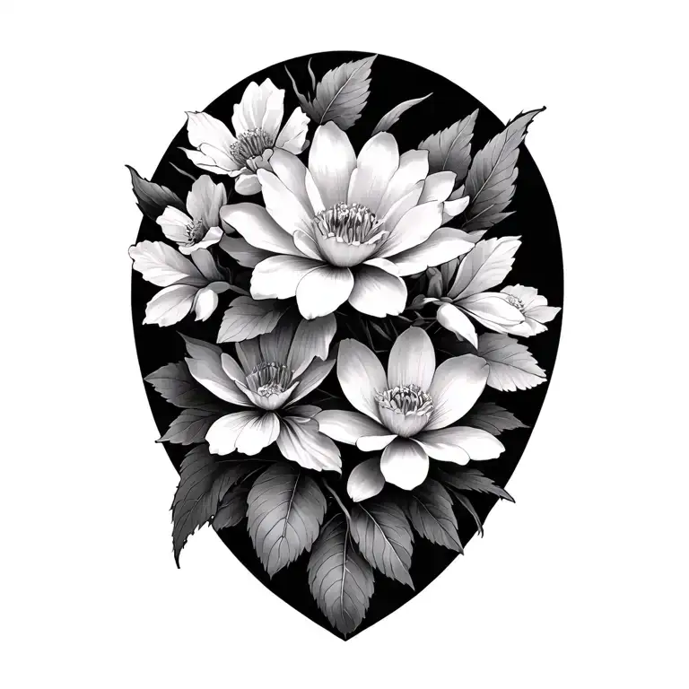 design me a shoulder tattoo with primrose, cherry blossoms, waterlily and cosmos tattoo design idea