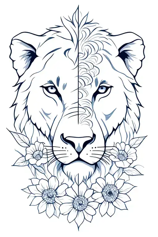 half and elephants face half a lions face surrounded by flowers tattoo design idea