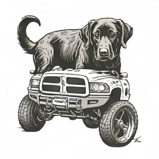 A Labrador retriever driving a Dodge Ram truck, combining your love for dogs and cars in a whimsical design tattoo design idea