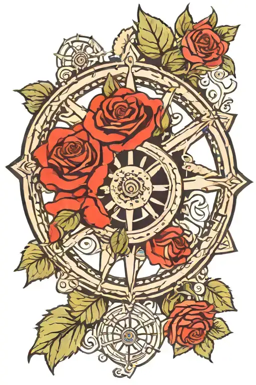 dharma wheel with roses surrounding tattoo design idea