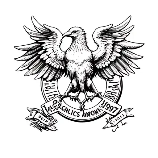 phoenix holding an alcoholics anonymous medallion with the date April, 26, 1997 underneath tattoo design idea