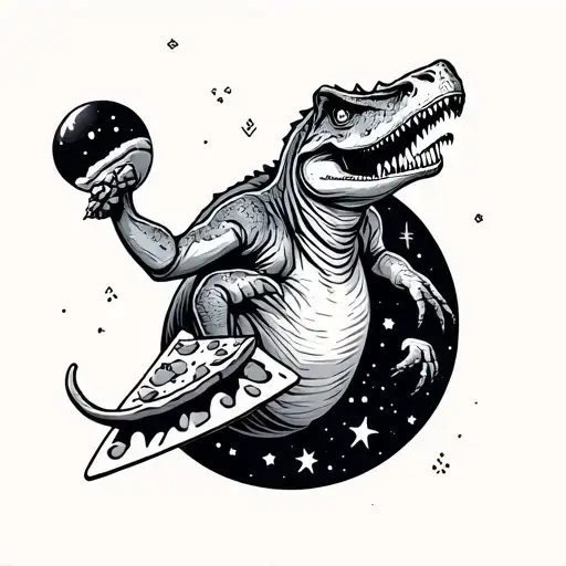 dinasour eating pizza in outer space themed tattoo tattoo design idea