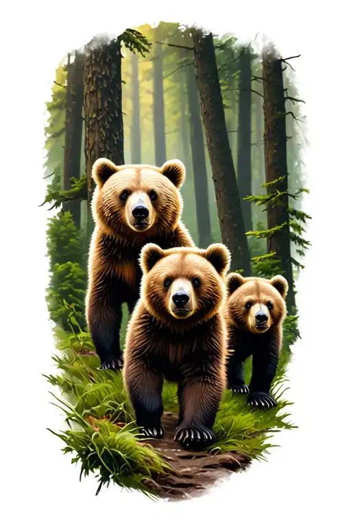 3 bear cubs walking in a forest tattoo design idea