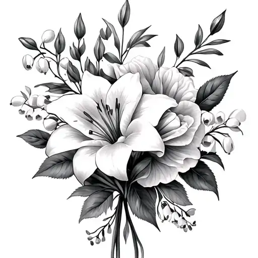 bouquet of lily, myrtle, almond blossom, rose, lily of the valley, hyssop, pomegranate blossom, tattoo design idea