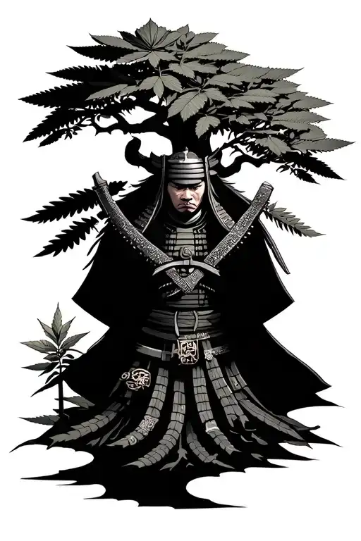 dolars and marihuana tree with samurai tattoo design idea