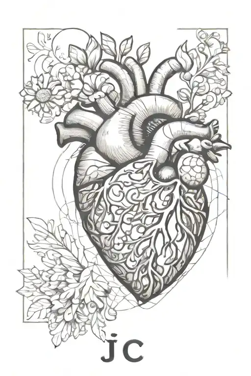 abstract design with the letters J and C inside a human heart tattoo design idea
