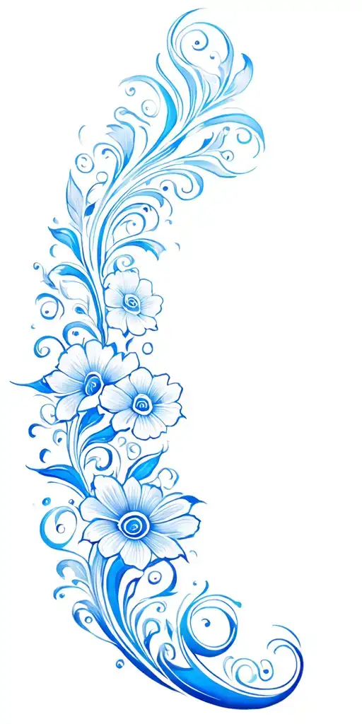 Gzhel style tattoo, blue and white color, as many swirls as possible, fewer flowers, full sleeve, light colouring  tattoo design idea