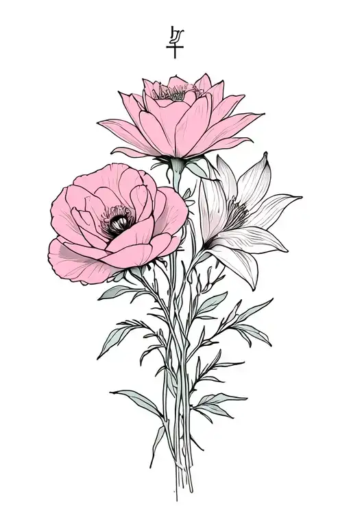 bouquet of flowers with a rose a poppy a larkspur a waterlily and a gladiolus  tattoo design idea