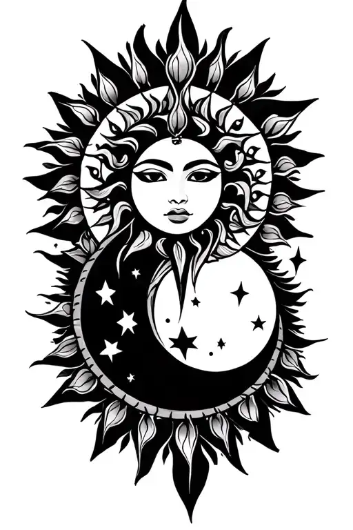 filipino tribal sun and moon surrounded by stars tattoo design idea
