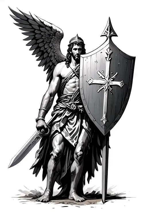st. Michael holding sword and shield templar cross tattoo design idea