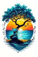 sunset over the ocean and music note intertwined and a tree with a koala  tattoo design idea