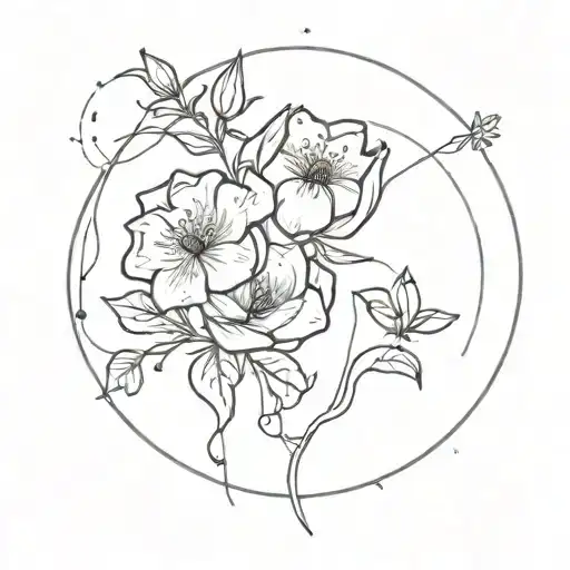 Sketch of a tattoo with the album LSP magic city with flowers and lines At night in the sky everything is dark blue, And the feelings are so strong tattoo design idea