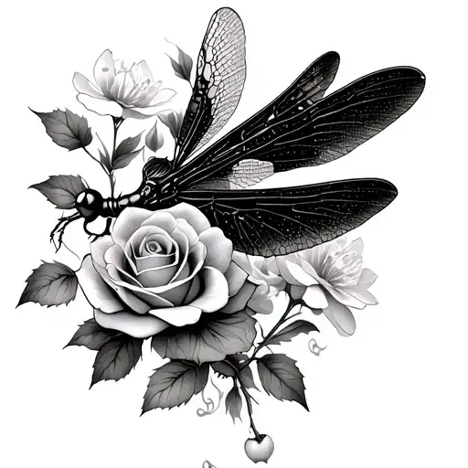 gothic style small dragonfly perched roses and cherry blossoms  tattoo design idea